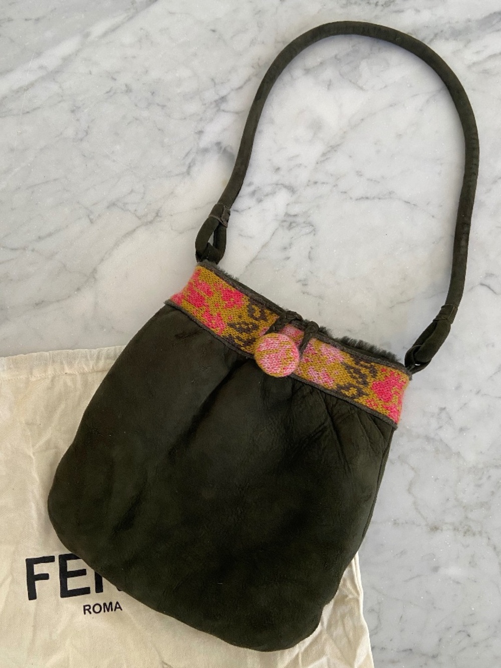 Authentic Fendi Forest Green Shoulder Bag - Wool, Suede, + Knit Border - Vintage